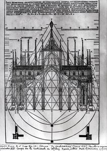 Suunnittelu Milanon katedraalille, kuvitus De Architecturasta, Vitruvius, Como, 1521 tekijältä Italian School