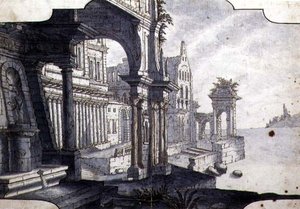 Suunnittelu näyttämösarjalle, n. 1750 (kynä ja muste ja akvarelli paperille) tekijältä Italian School