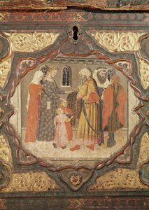 Yksityiskohta cassoneesta, joka esittää tarinan Istrian Saladinista ja Torellosta, kirjoittanut Giovanni Boccaccio (tempera paneelissa) (katso myös 444280-81) tekijältä Italian School