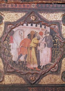 Yksityiskohta cassonesta, joka esittää tarinan Istrian Saladinista ja Torellosta, kirjoittanut Giovanni Boccaccio (tempera paneelissa) (katso myös 444281-82) tekijältä Italian School