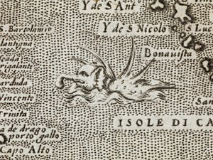 Yksityiskohta merinorsusta, jonka selästä ulkonee vaikuttava joukko piikkejä, "Maailman kuuluisimmilta saarilta, joita kuvaili Thomaso Porcacchi da Castiglione, Arretino ja veisi Girolamo Porro, Padova". tekijältä Italian School