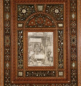 Yksityiskohta norsunluun kaiverruksesta Memlingin (n. 1433-1494) mukaan kaapista, joka annettiin Mary Queen of Scotsille (1542-87) ja Francis II:lle (1544-60) häälahjaksi (puuta ja upotekoristeista norsunluua) ( katso 162449) tekijältä Italian School