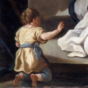 Yksityiskohta maalauksesta, joka esittää Ruusukon Madonnaa pyhien Dominikin ja Katariina Sienan kanssa tekijältä Italian School