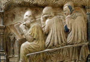 Yksityiskohta Bonifacio Galluzzin kurssin opiskelijoista (hautalaatta, noin 1346) tekijältä Italian School