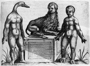 Erilaisia ihmishirviöitä: miehellä ankan pää, miehellä leijonan ruumis ja toisella kämmenkädet. Italian tiedemiehen Fortunio Licetin (1577-1656) kaiverrus "De monstrorum natura, causis et differentiis". 1646 tekijältä Italian School