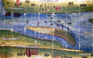 Po-joen asukkaiden välinen riita jäänkorjuuoikeudesta. 1535. Milano, Kansallisarkisto. tekijältä Italian School