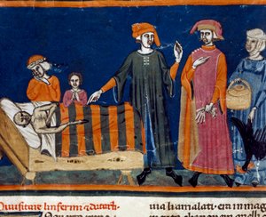 Laiturit sairaan sängyn vieressä Firenzen koulun miniatyyri Ser Zucchero Bencivennin (MS.II.VI 16) 1300-luvun alun "Pater nosterin" lisäpainoksesta Firenze, kansalliskirjasto tekijältä Italian School