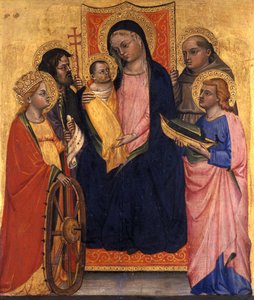 Valtaistuimella Madonna ja lapsi neljän pyhän kanssa, n. 1400 (tempera poppelipuulla) tekijältä Italian School