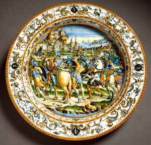 Episodi Jules Cesarin elämästä Keraaminen levy valmistettu Urbinossa Fontanan työpajassa, Italiassa. 1550 Firenzen ympärillä, Museo Nazionale del Bargello tekijältä Italian School
