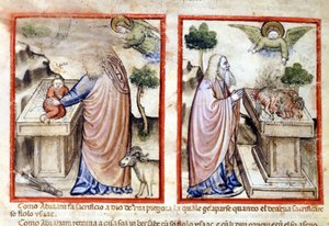 Aabrahamin jakso Iisakin uhrauksesta. Miniatyyri Codex 212:sta (tai Paduan Codex tai Bible of Padova) 1390-1400 Rovigo, Accademia dei Concordi tekijältä Italian School