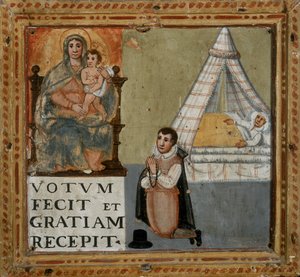 Ex-voto, joka kuvaa miestä, joka kiittää Neitsyttä polvillaan sairaudesta parantumisesta, 1604 tekijältä Italian School