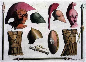 Esimerkkejä etruskien aseista ja haarniskeistä Costumi dei Romanista, kaiverrettu D. K. Bonatti, n. 1805-20 (akvatinta) tekijältä Italian School