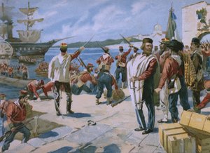 Tuhannen retkikunta Giuseppe Garibaldin johdolla, laskeutuminen Marsalaan, Sisiliaan, 1860, kuva Risorgimenton historiaa käsittelevästä albumista, joka on tehty suklaa Talmonelle, myöhään tekijältä Italian School