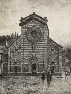 Bellanon katedraalin julkisivu, Comojärvi, Italia, kaiverrus Quinto Michettin piirroksesta, L