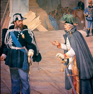 Ensimmäinen Italian itsenäisyyssota: "" Novaran taistelu (Novara) 13.9.1849"" Kutsutaan myös Bicoquen taisteluksi. Vittorio Emanuele (Victor Emmanuel) (Victor-Emmanuel) II (1820-1870) ja Joseph Radetzky (1766-1858) taistelun jälkeen. Freskin yksityiskohta tekijältä Italian School