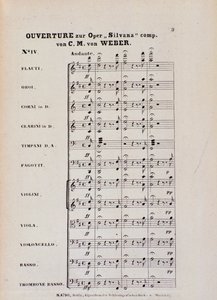 Ensimmäinen sivu Karl Maria von Weberin (litho) oopperan Silvana alkusoitosta tekijältä Italian School