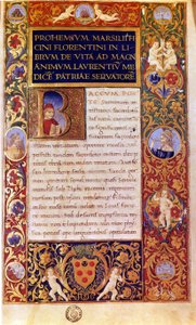 Ensimmäinen sivu Marsilio Ficinon De vita libri tres -teoksesta (kynä ja muste, tempera ja kulta persulla) tekijältä Italian School