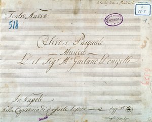 Gaetano Donizettin "Olivo e Pasquale" -oopperan partituurin ensimmäinen sivu (muste paperille) tekijältä Italian School