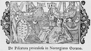 Kalastus Norjan valtamerellä, kuvitus Olaus Magnuksen (1490-1558) teoksesta Northern Nations History, julkaistu Roomassa, 1555 tekijältä Italian School