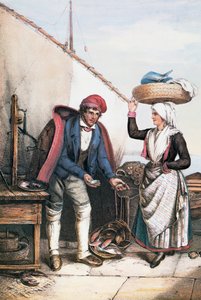 Kalakauppias ja talonpoika, kuvitus Costumes of Istriasta, Italiasta tekijältä Italian School