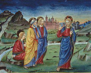 Fol.103v Kirkastumisen jälkeen Kristus käskee apostoleja paljastamaan tätä vasta ylösnousemuksen jälkeen (vellum) (yksityiskohta) tekijältä Italian School