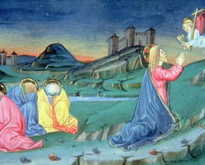 Fol.104r Rukoiltuaan Öljymäellä enkeli saapuu lohduttamaan Kristusta (vellum) tekijältä Italian School