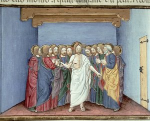 Fol.135v Jeesus ilmestyy opetuslapsille, jotka ovat kokoontuneet saman katon alle tuomarien pelossa (vellum) tekijältä Italian School