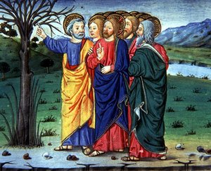 Fol.63r Pietari osoittaa Kristukselle kuivunutta puuta (vellum) tekijältä Italian School