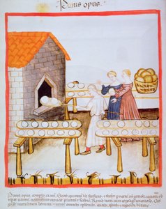 Fol.63v Baking Brown Bread, kuva Tacuinum Sanitatisista tekijältä Italian School