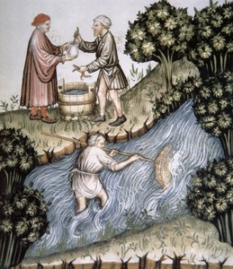 Fol.84r Kalastus, kuvitus Tacuinum Santiatis Codex Vindobonensisista tekijältä Italian School