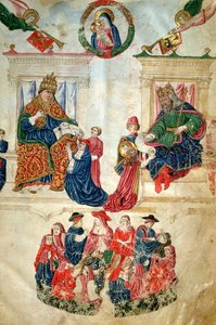 Keisari Theodosius II:n (408-450) perustama Bolognan yliopiston perustaminen ja paavi Paavali II:n (1417-71) myöntämät erioikeudet (vellum) tekijältä Italian School
