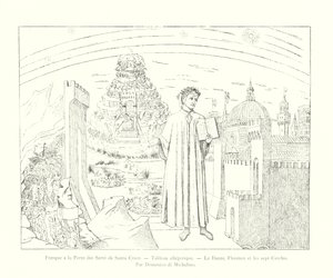 Fresko Santa Crocen servin ovella, allegorinen maalaus, Dante, Firenze ja seitsemän ympyrää, Domenico di Michelino (kaiverrus) tekijältä Italian School