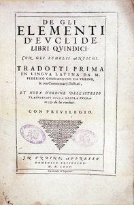 Kreikkalaisen matemaatikon Eukleideen (3. vuosisadalla eKr.) niteen XV "Elements" etupuoli tekijältä Italian School