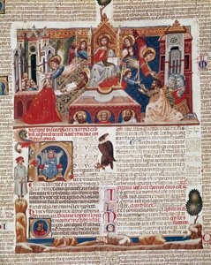 "Decret de Gratien" ("Concordia discordantiorum canonum" tai "Decretum Gratiani") käsikirjoituksen etusivu vuodelta 1140 ja säätelee roomalaiskatolisen kirkon lakeja ja kaanoneja. 1300-luvun Siena, Biblioteca degli Intronati tekijältä Italian School