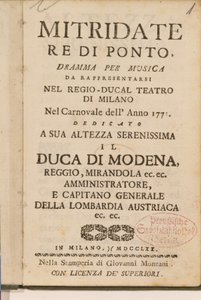 Etukappale Wolfgang Amadeus Mozartin oopperan Mitridate, re di Ponte varhaisesta kopiosta, 1770 tekijältä Italian School