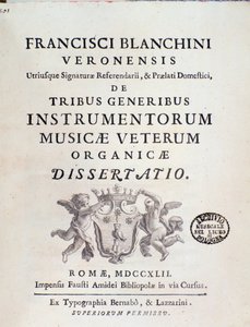 Tribe Instrumentorum Musicae Veterumin """ -teoksen etukappale Francesco Brean vanhoista soittimista tekijältä Italian School