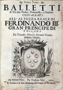 Tomaso Albinonin (1671-1750) oopperan III Balletti a tre -musiikkipartituurin etukappale tekijältä Italian School