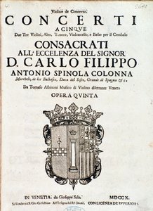 Tomaso Albinonin "Concerti a cinque, ooppera 5" -musiikkipartituurin etukappale tekijältä Italian School