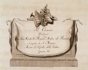 Italialaisen säveltäjän Natale Mussinin (1765-1837) Sei canonin partituurin etukappale, joka on omistettu Preussin kuningattarelle tekijältä Italian School
