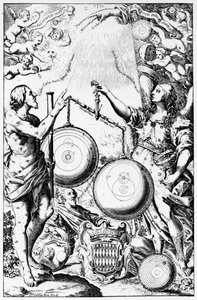 Giovanni Battista Ricciolin etukappale Almagestum Novumiin, julkaistu vuonna 1651 tekijältä Italian School