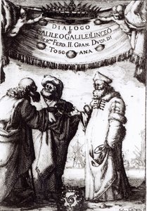 Galileon vuonna 1632 julkaisema Frontispiece to Dialogue on maailman kaksi suurinta järjestelmää tekijältä Italian School