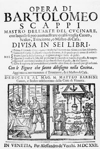 Etupuoli Bartolomeo Scappin keittokirjaan, 1622 tekijältä Italian School