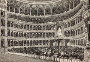 Gaalailta Costanzo-teatterissa Saksan kruununprinssin (tuleva Frederick III) kunniaksi, Rooma, Italia, kaiverrus Dante Paoloccin piirroksesta, L