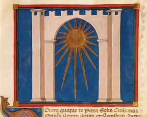 Auringon portti, miniatyyri Perugian notaarien rekisteristä, käsikirjoitus, Italia 1300-luku. tekijältä Italian School