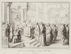 Giovanni II Partecipazio luopuu herttuakunnasta, 887 (kaiverrus) tekijältä Italian School