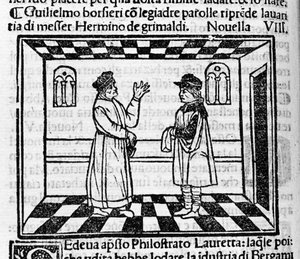 Grimaldin niukka Erminio kohtaa Guglielmo Borsieren, joka yrittää saada häneltä rahaa kauniilla sanoilla. Italialaisen kirjailijan Giovanni Boccaccio dit Jean Boccaccion (1313-1375) kuvitus "Decameronin" uudelle 61:lle (ensimmäisen päivän uusi 8). Kaiverru tekijältä Italian School