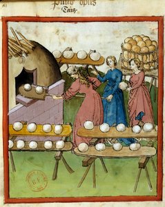 Terveyskäsikirja: leivän leivonta. Miniatyyri käsikirjoituksesta ”Tacuinum Sanitatis”, Lombardia, 1300-luvun 3. neljännes. Paris, B N tekijältä Italian School