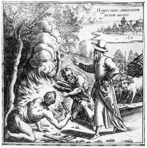 Hippokrates (n. 460-n. 377 eKr.) selittää tartunnan tärkeyttä ruttoepidemiassa, otsikkosivu Hippocratis Opera Quae Extantista, pub. Venetsiassa 1588 tekijältä Italian School