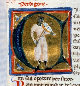 Historian kirjain (kirjain A). Perdigon Troubadour näyttelee vanhaa miestä. Miniatyyri otettu käsikirjoituksesta "" Chansonnier provencal"" (Folio 36), kirjoittanut Perdigon ja kopioinut Venetsia-Padovan ateljee tekijältä Italian School