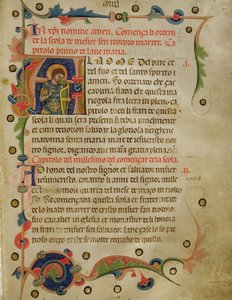 Historiallinen alkukirjain "A", jossa näkyy St. Theodore, Mariegolasta vuodelta 1350 (muste vellum) tekijältä Italian School